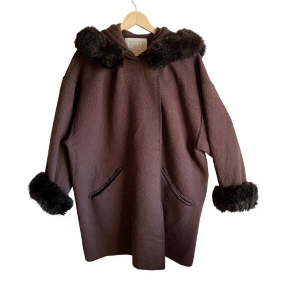 Linda Lundström Wool Laparka Brown Faux Fur Coat XL Vintage - Picture 3 of 16